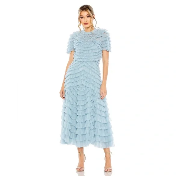 chinese dress ladies Pink High Neck Ruffle Tiered A-Line Midi Dress
